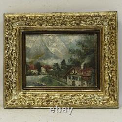 Around 1950 Old oil painting mountain landscape with town 34x28 cm