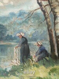 Artist to be identified Large Oil on Wood Signed Lavandières XX