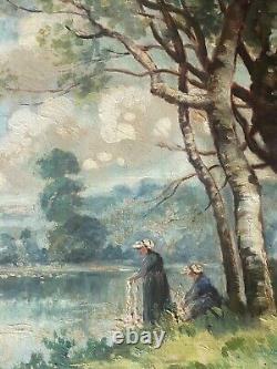 Artist to be identified Large Oil on Wood Signed Lavandières XX