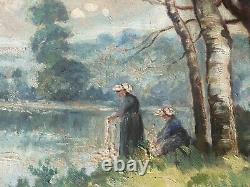 Artist to be identified Large Oil on Wood Signed Lavandières XX