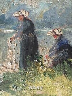 Artist to be identified Large Oil on Wood Signed Lavandières XX