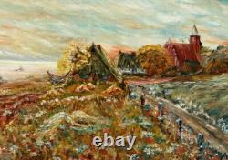Autumn Village Landscape with Church, Oil on Wood, Signed EB 94