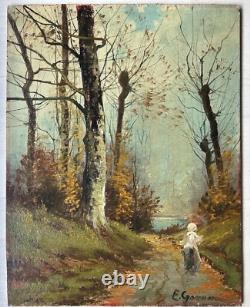 Barbizon School Original Antique Landscape Garden Oil Painting, Signed