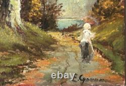 Barbizon School Original Antique Landscape Garden Oil Painting, Signed