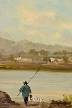 Barbizon School oil on wood Fisherman by the water signed Niz