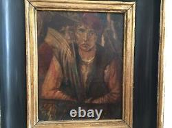 Basque School Man with Red Beret Oil on Panel Black and Gold Wooden Frame 24x19