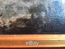 Battin Oil On Panel Marine Boat In Sea Agitee Phare Frame Golden XIX