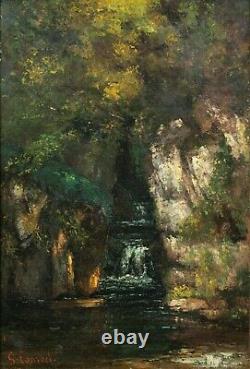 Beau Barbizon XIX Small Landscape At The Cascade In The Forest Near Gustave Courbet