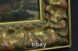 Beautiful Ancient Painting Landscape Garden View Stele Spring Golden Wood Frame