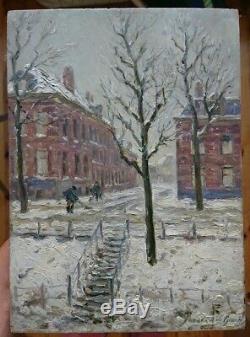 Beautiful Impressionist Old Table Signed 19th Snowy And Animated City