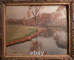 Beautiful Landscape Oil On Wood River Mayenne Signed Good Box Tbe 1938