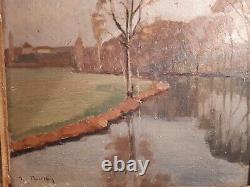 Beautiful Landscape Oil On Wood River Mayenne Signed Good Box Tbe 1938