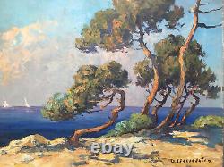 Beautiful Landscape Painting 1950 Sea Pine Oil On Panel Hsp Signed To Be Identified