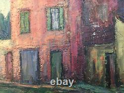 Beautiful Landscape Painting House Building 1950 Oil on Panel Signed Wave