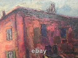 Beautiful Landscape Painting House Building 1950 Oil on Panel Signed Wave
