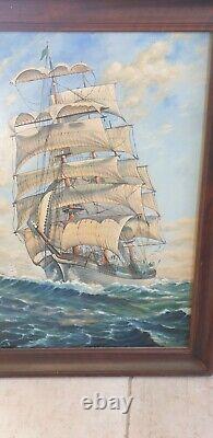 Beautiful Marine Oil on Wood A Roselet 1956 3 Masts High Quality 63 by 45 CM