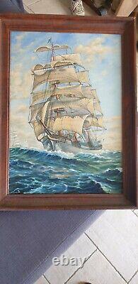 Beautiful Marine Oil on Wood A Roselet 1956 3 Masts High Quality 63 by 45 CM