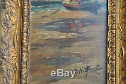 Beautiful Marine Painting In Oil Xixth On Wood, Signed By