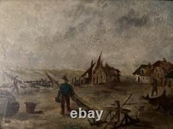 Beautiful Oil Painting on Wood Panel Hsp Marine Boat Painting 1900 Antique Art