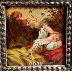 Beautiful Oil on Old Wood, Faun Tickling Young Woman, attributed to F. Boucher