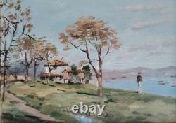 Beautiful Oil on Wood Framed Maritime Landscape Under Glass