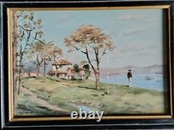 Beautiful Oil on Wood Framed Maritime Landscape Under Glass