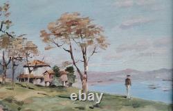 Beautiful Oil on Wood Framed Maritime Landscape Under Glass