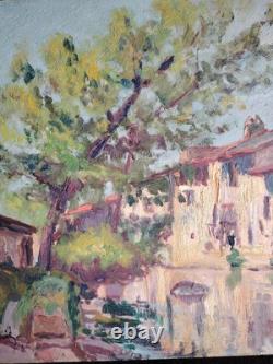 Beautiful Oil on Wood Montgaillard Ariège 1902 Signed Rustic House on the Sios