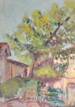 Beautiful Oil on Wood Montgaillard Ariège 1902 Signed Rustic House on the Sios