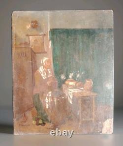 Beautiful Oil on Wood Woman Sewing 19th Century