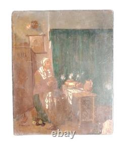 Beautiful Oil on Wood Woman Sewing 19th Century