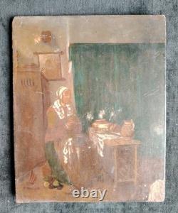 Beautiful Oil on Wood Woman Sewing 19th Century