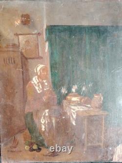 Beautiful Oil on Wood Woman Sewing 19th Century