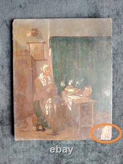 Beautiful Oil on Wood Woman Sewing 19th Century