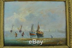 Beautiful Old Marine Painting Animated Boats At Anchor Napoleon 3 Golden Frame