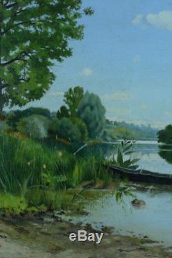 Beautiful Old Painting Landscape Estival Fontainebleau Barque Marne Riverside