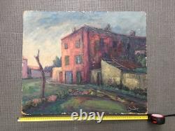 Beautiful Painting Landscape House Building 1950 Oil on Panel Signed Onde