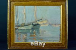 Beautiful Painting Old View Of Bordeaux Renée Seilhean Boats At The Port Marine 1921