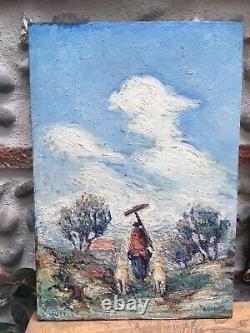 Beautiful Painting by Fausto Agnelli, Oil on Large Wooden Panel, Signed