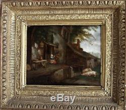 Beautiful & Rare Flemish Painting Xvii. Couple Old Farmers With Two Pigs
