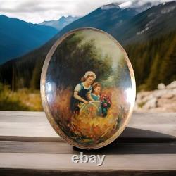 Beautiful Slavic Painting / Oval Oil on Lacquered Wood Flower Picking / 46×34cm