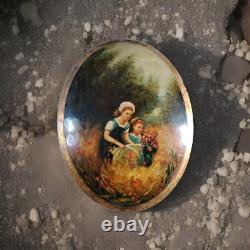 Beautiful Slavic Painting / Oval Oil on Lacquered Wood Flower Picking / 46×34cm