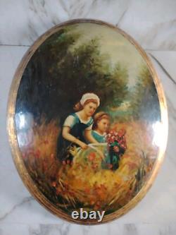 Beautiful Slavic Painting / Oval Oil on Lacquered Wood Flower Picking / 46×34cm