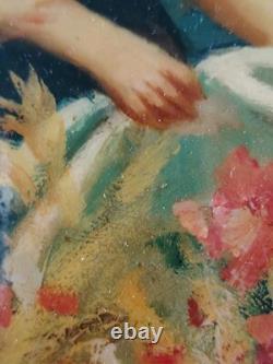 Beautiful Slavic Painting / Oval Oil on Lacquered Wood Flower Picking / 46×34cm