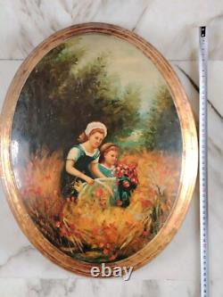 Beautiful Slavic Painting / Oval Oil on Lacquered Wood Flower Picking / 46×34cm