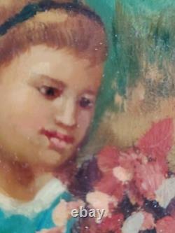 Beautiful Slavic Painting / Oval Oil on Lacquered Wood Flower Picking / 46×34cm