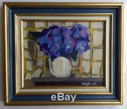 Beautiful Table Cubist Signed Annick De Gouvello Titled The Oil Blue Hydrangea