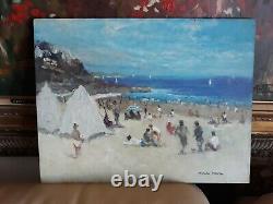 Beautiful Table Oil On Isorel Beach De Nice Sign Claude Marin