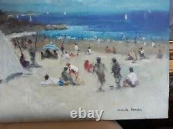 Beautiful Table Oil On Isorel Beach De Nice Sign Claude Marin