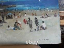 Beautiful Table Oil On Isorel Beach De Nice Sign Claude Marin